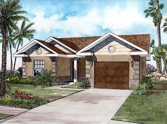 Florida, Narrow Lot, One-Story House Plan 55707 with 3 Beds, 2 Baths, 1 Car Garage Elevation
