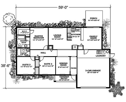 One-Story House Plan 55708 with 3 Beds, 2 Baths, 2 Car Garage First Level Plan