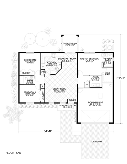 One-Story House Plan 55709 with 3 Beds, 2 Baths, 2 Car Garage First Level Plan