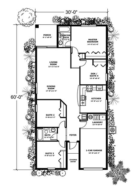Narrow Lot, One-Story House Plan 55710 with 3 Beds, 2 Baths, 1 Car Garage First Level Plan