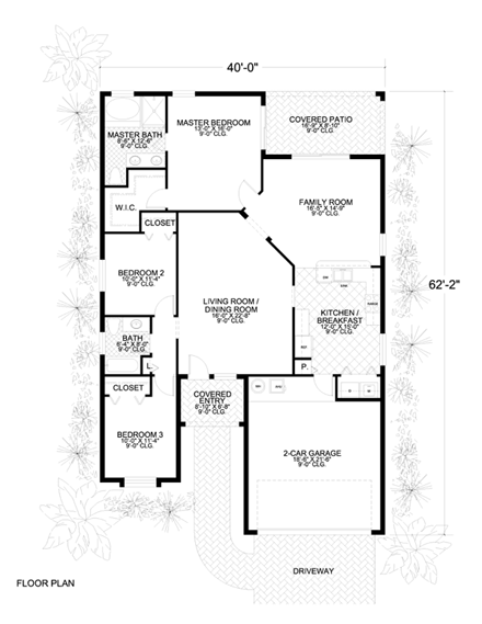 Narrow Lot, One-Story House Plan 55711 with 3 Beds, 2 Baths, 2 Car Garage First Level Plan