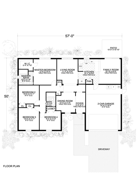 One-Story House Plan 55712 with 4 Beds, 2 Baths, 2 Car Garage First Level Plan
