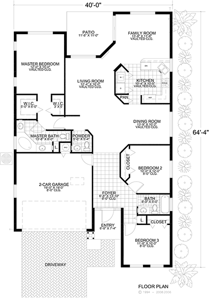 Narrow Lot, One-Story House Plan 55715 with 3 Beds, 2 Baths, 2 Car Garage First Level Plan
