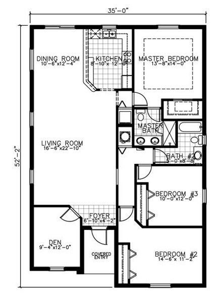 Narrow Lot, One-Story House Plan 55716 with 3 Beds, 2 Baths First Level Plan