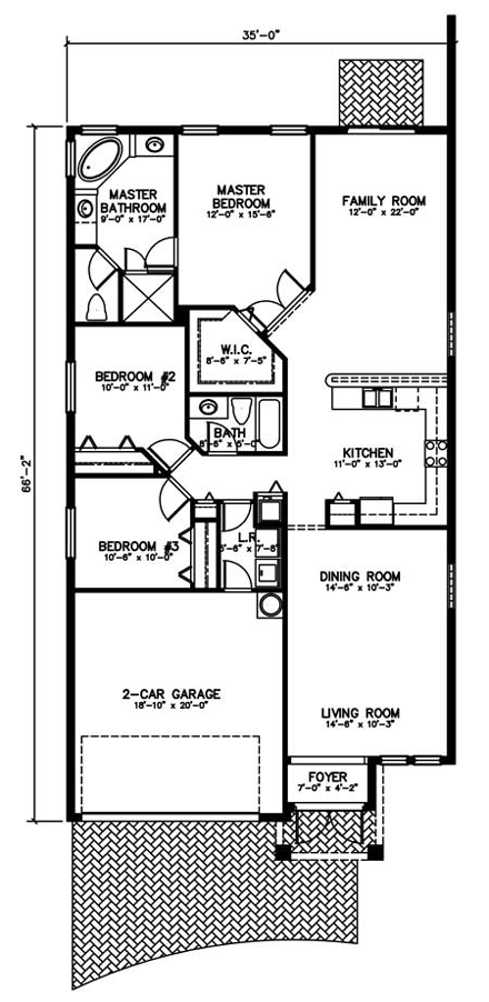 Narrow Lot, One-Story House Plan 55717 with 3 Beds, 2 Baths, 2 Car Garage First Level Plan