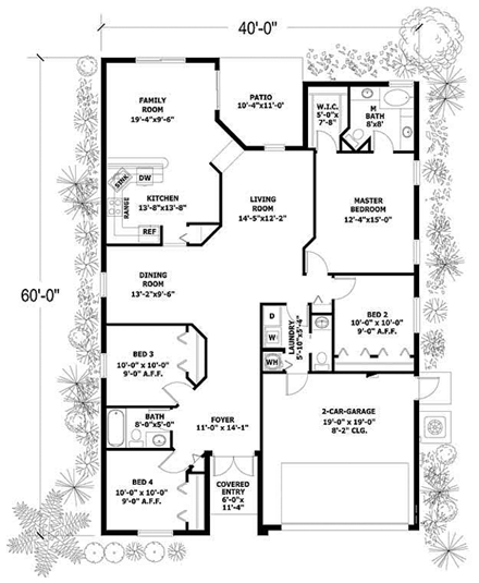 Narrow Lot, One-Story House Plan 55718 with 4 Beds, 3 Baths, 2 Car Garage First Level Plan