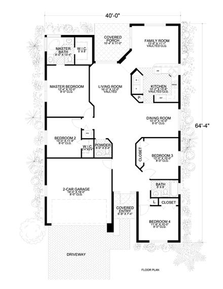 Narrow Lot, One-Story House Plan 55720 with 4 Beds, 3 Baths, 2 Car Garage First Level Plan