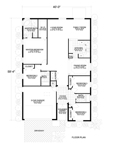 Florida, Narrow Lot, One-Story House Plan 55721 with 4 Beds, 3 Baths, 2 Car Garage First Level Plan