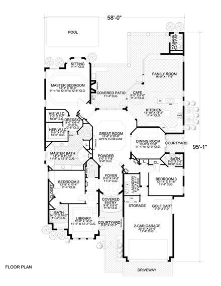 Mediterranean, One-Story House Plan 55732 with 3 Beds, 5 Baths, 2 Car Garage First Level Plan
