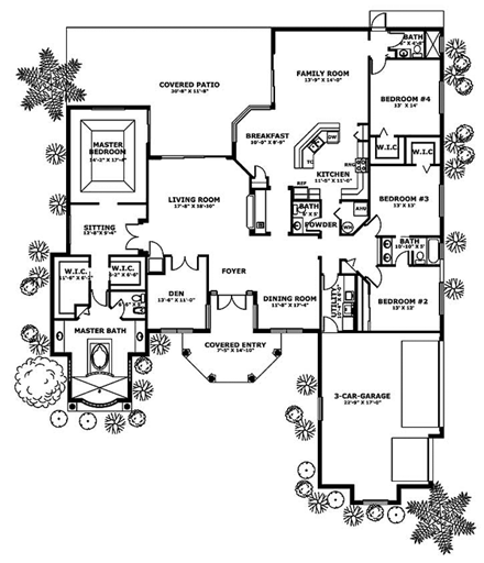 Mediterranean, One-Story House Plan 55733 with 4 Beds, 4 Baths, 2 Car Garage First Level Plan