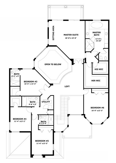 Mediterranean House Plan 55759 with 6 Beds, 6 Baths, 3 Car Garage Second Level Plan