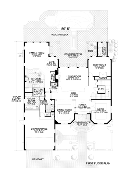 Mediterranean House Plan 55763 with 4 Beds, 6 Baths, 2 Car Garage First Level Plan