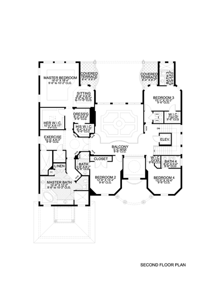 Mediterranean House Plan 55763 with 4 Beds, 6 Baths, 2 Car Garage Second Level Plan