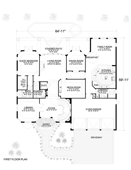 Mediterranean House Plan 55765 with 5 Beds, 7 Baths, 3 Car Garage First Level Plan