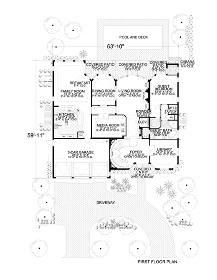 Italian, Mediterranean House Plan 55774 with 5 Beds, 7 Baths, 3 Car Garage First Level Plan