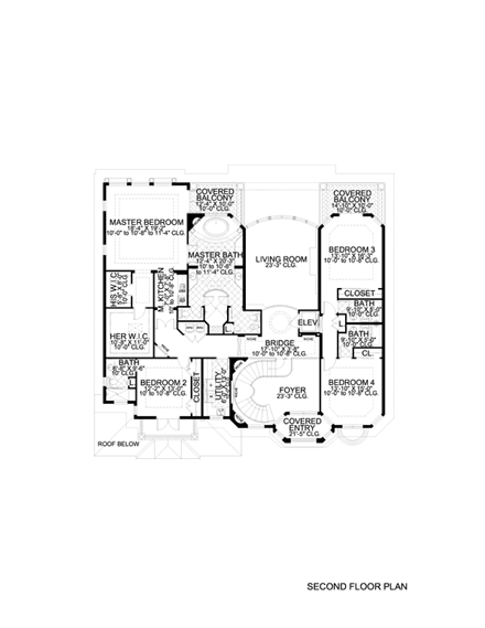 Italian, Mediterranean House Plan 55774 with 5 Beds, 7 Baths, 3 Car Garage Second Level Plan