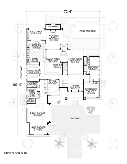 Florida, Modern House Plan 55782 with 5 Beds, 5 Baths, 3 Car Garage First Level Plan