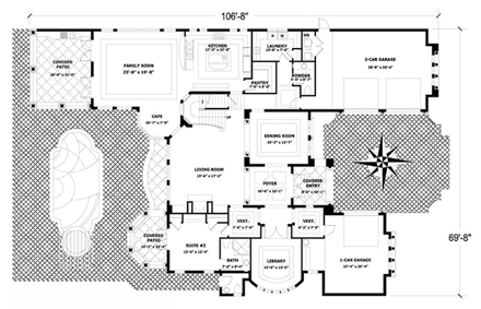 Italian, Mediterranean House Plan 55786 with 5 Beds, 6 Baths, 3 Car Garage First Level Plan