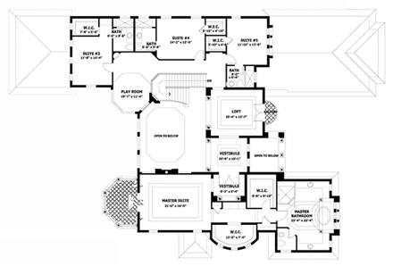 Italian, Mediterranean House Plan 55786 with 5 Beds, 6 Baths, 3 Car Garage Second Level Plan