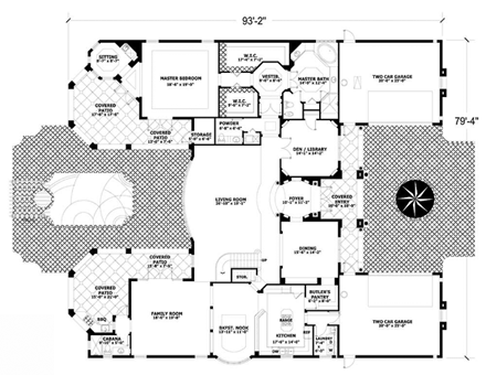 Mediterranean House Plan 55789 with 5 Beds, 6 Baths, 4 Car Garage First Level Plan