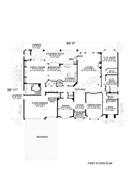 Mediterranean House Plan 55800 with 7 Beds, 9 Baths, 3 Car Garage First Level Plan