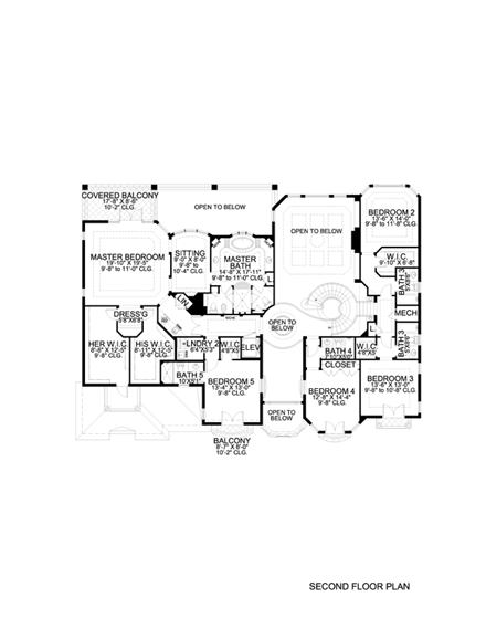 Mediterranean House Plan 55800 with 7 Beds, 9 Baths, 3 Car Garage Second Level Plan