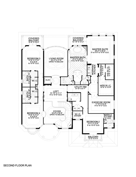 Mediterranean House Plan 55801 with 6 Beds, 6 Baths, 3 Car Garage Second Level Plan