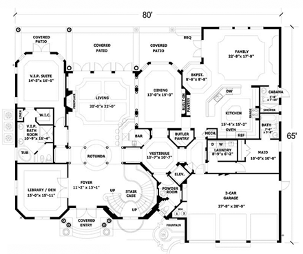 Mediterranean House Plan 55802 with 6 Beds, 8 Baths, 3 Car Garage First Level Plan