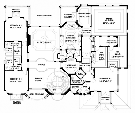 Mediterranean House Plan 55802 with 6 Beds, 8 Baths, 3 Car Garage Second Level Plan