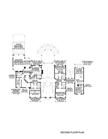 Mediterranean House Plan 55805 with 6 Beds, 9 Baths, 4 Car Garage Second Level Plan