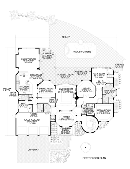 Mediterranean House Plan 55806 with 6 Beds, 8 Baths, 3 Car Garage First Level Plan