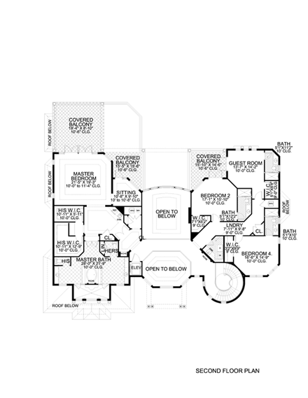 Mediterranean House Plan 55806 with 6 Beds, 8 Baths, 3 Car Garage Second Level Plan