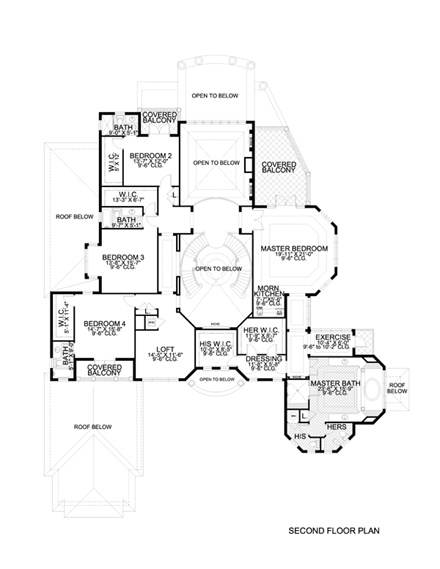 Mediterranean House Plan 55807 with 7 Beds, 9 Baths, 2 Car Garage Second Level Plan