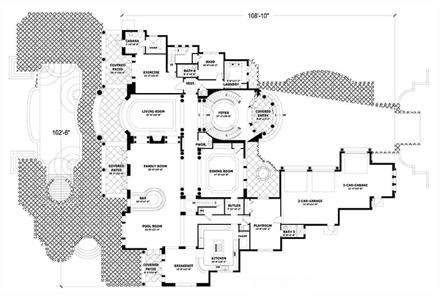 Mediterranean House Plan 55808 with 6 Beds, 9 Baths, 3 Car Garage First Level Plan