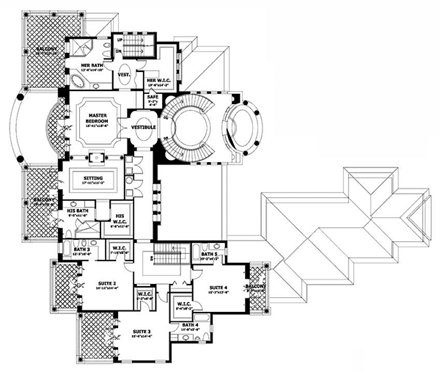 Mediterranean House Plan 55808 with 6 Beds, 9 Baths, 3 Car Garage Second Level Plan