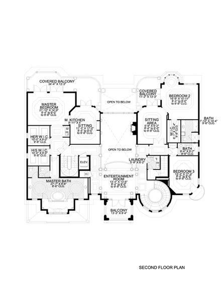 Mediterranean House Plan 55809 with 5 Beds, 7 Baths, 3 Car Garage Second Level Plan