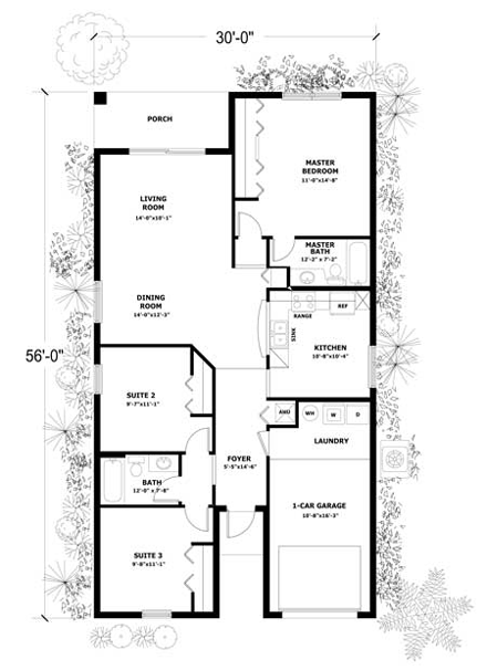 One-Story House Plan 55810 with 3 Beds, 2 Baths, 1 Car Garage First Level Plan
