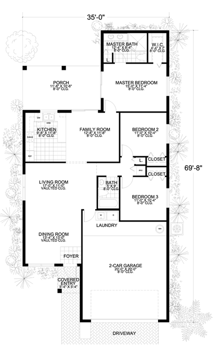 Narrow Lot, One-Story House Plan 55811 with 3 Beds, 2 Baths, 2 Car Garage First Level Plan