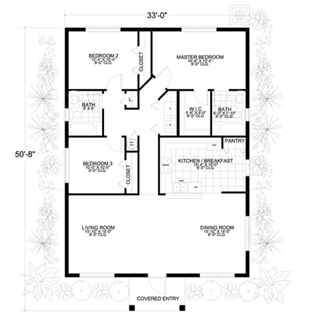 Narrow Lot, One-Story House Plan 55812 with 3 Beds, 2 Baths First Level Plan