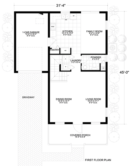 Florida, Narrow Lot House Plan 55813 with 3 Beds, 3 Baths, 1 Car Garage First Level Plan