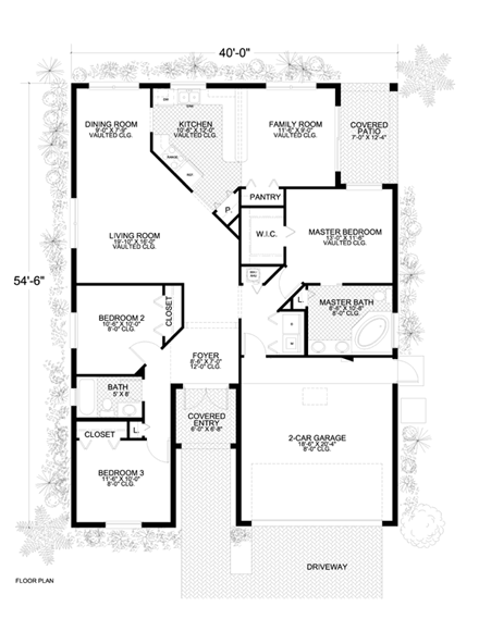 Narrow Lot, One-Story House Plan 55815 with 3 Beds, 2 Baths, 2 Car Garage First Level Plan