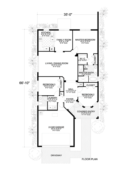 Narrow Lot, One-Story House Plan 55816 with 3 Beds, 2 Baths, 2 Car Garage First Level Plan