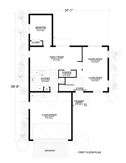 Mediterranean, Narrow Lot House Plan 55817 with 4 Beds, 3 Baths, 2 Car Garage First Level Plan