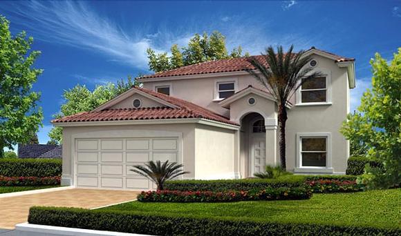 Mediterranean, Narrow Lot House Plan 55817 with 4 Beds, 3 Baths, 2 Car Garage Elevation