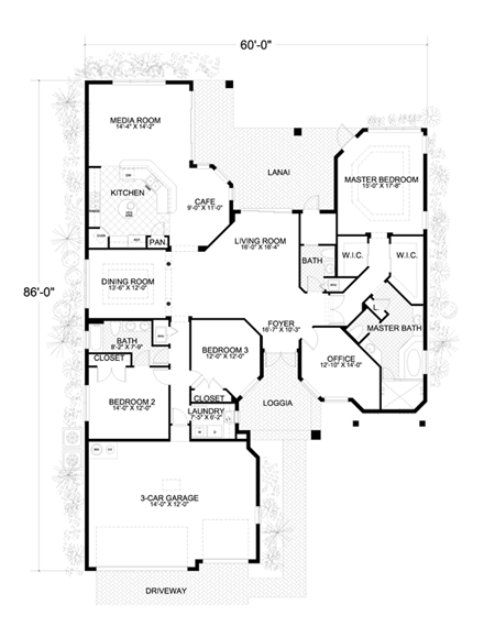 Florida, One-Story House Plan 55829 with 4 Beds, 3 Baths, 3 Car Garage First Level Plan