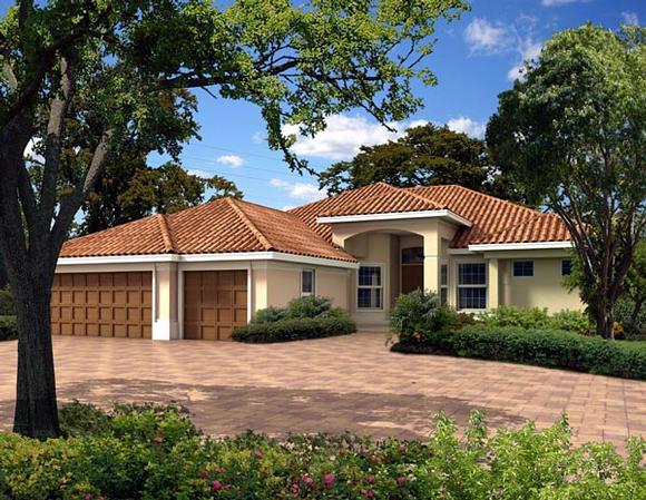 Florida, One-Story House Plan 55829 with 4 Beds, 3 Baths, 3 Car Garage Elevation