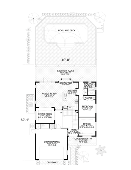 Florida, Narrow Lot House Plan 55832 with 4 Beds, 4 Baths, 2 Car Garage First Level Plan
