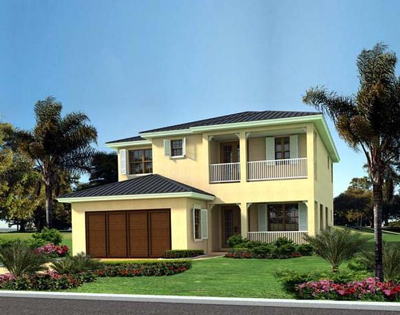 Florida, Narrow Lot House Plan 55832 with 4 Beds, 4 Baths, 2 Car Garage Elevation