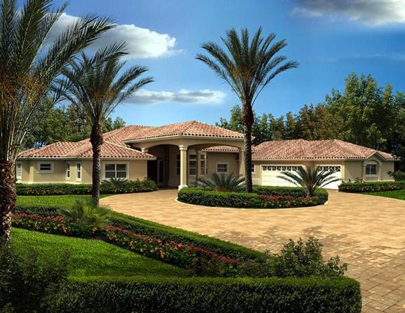 Florida, One-Story House Plan 55839 with 4 Beds, 3 Baths, 3 Car Garage Elevation
