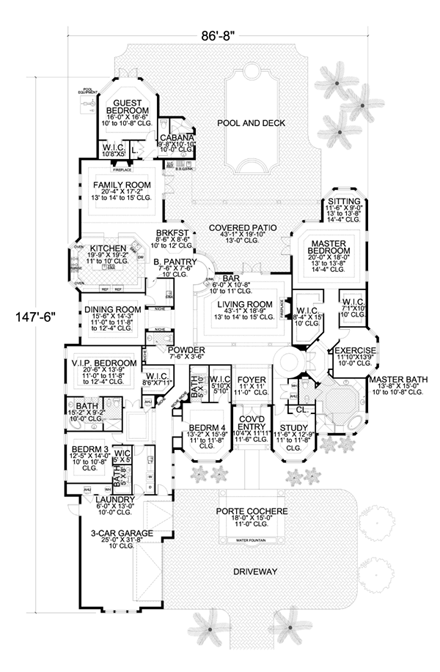 Mediterranean, One-Story House Plan 55853 with 6 Beds, 6 Baths, 3 Car Garage First Level Plan